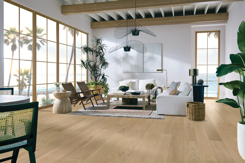 Coastal living room with light hardwood flooring, plants and a picture window with ocean view