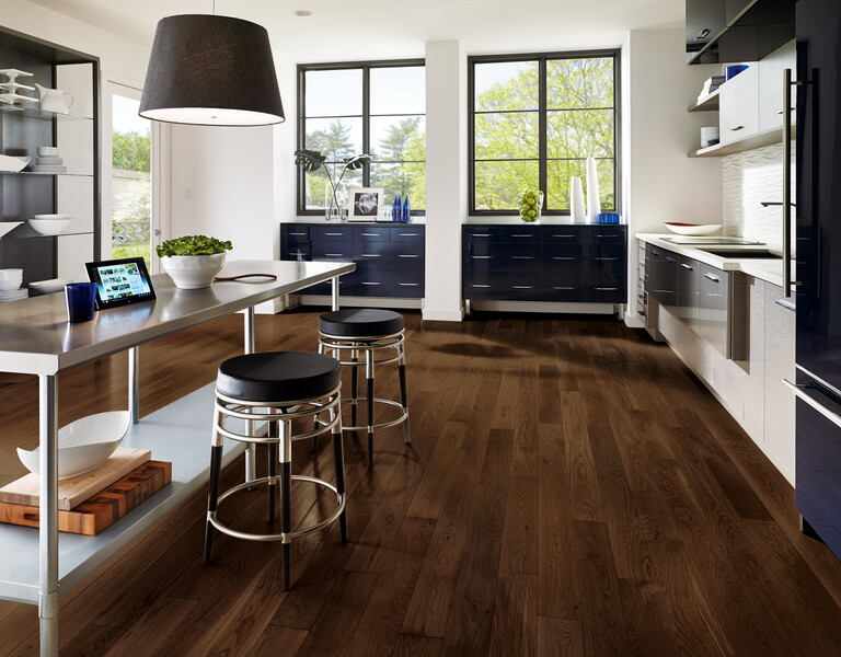 Kitchen dark hardwood floors and an island and two windows at the end with views